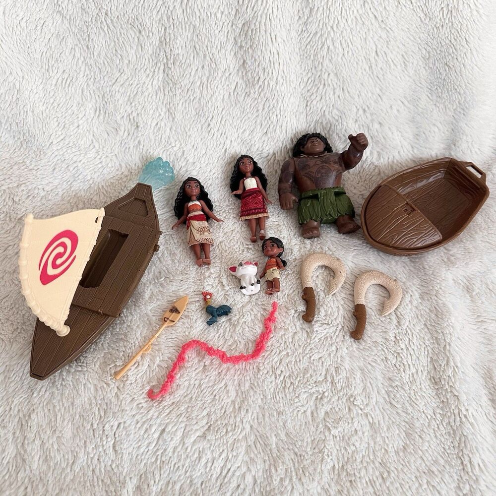 Disney Moana Figure Lot Maui Canoe Boat Playset Figures Toy Bundle